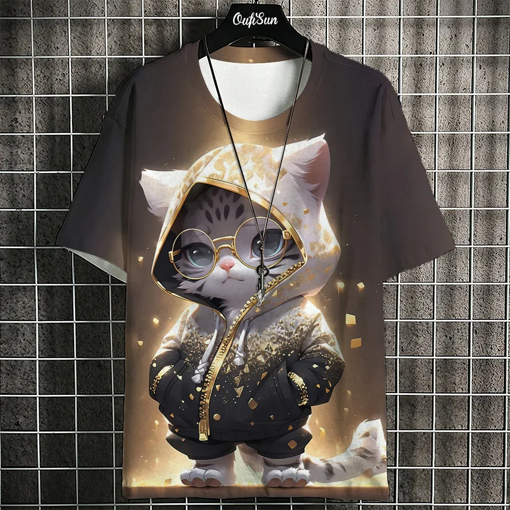 Men's Short Sleeve T-Shirt Oversized Men's Clothing Tops Street Men's Women's T-Shirt Cat Glasses Pattern 3D Printed T-Shirt