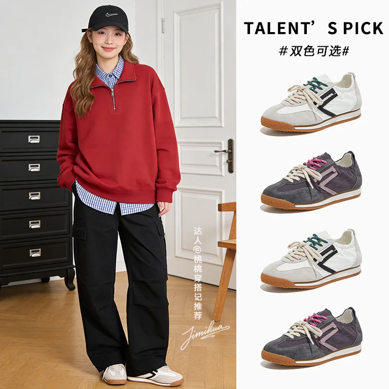 

Кожаные немецкие тренировочные кроссовки для женщин: новая весенняя коллекция, универсальные повседневные спортивные кеды на плоской подошве, модные, стильные, на шнуровке