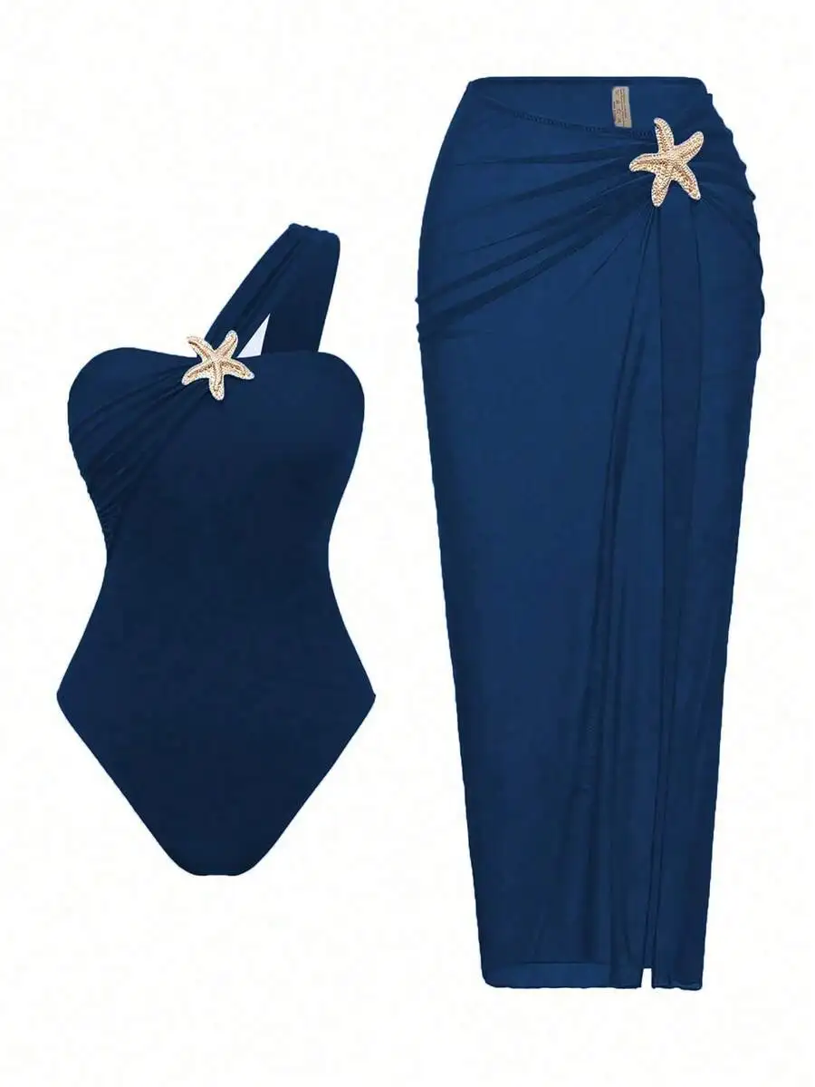 Blue One-Piece Swimsuit With Star Decoration And Matching Skirt Set Beach Vacation Wear