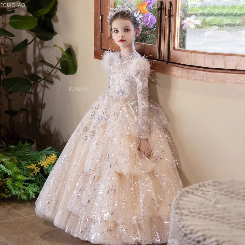 

Girls Princess Party Dress Long Sleeve Children BirthdayFormal Celebration Flower Girl Gown for Piano Performance Host Pageant