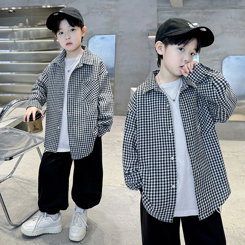 

Korean Style School Boy Long Sleeve Plaid Shirt with Front Pocket Kids Child Spring Autumn Fashion Tops Black White Plaid Blouse