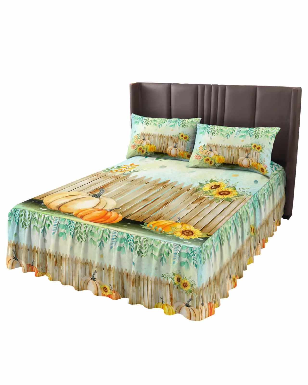 Thanksgiving Plant Fence Sunflower Pumpkin Skirt Elastic Fitted Bedspread With Pillowcases Mattress Cover Bedding Set Bed Sheet