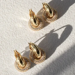 Personality Rock Chunky Bilayer Circle Round Dangle Earrings Shining Zircon CZ Stainless Steel Hoops Huggie Punk Ear Jewelry New