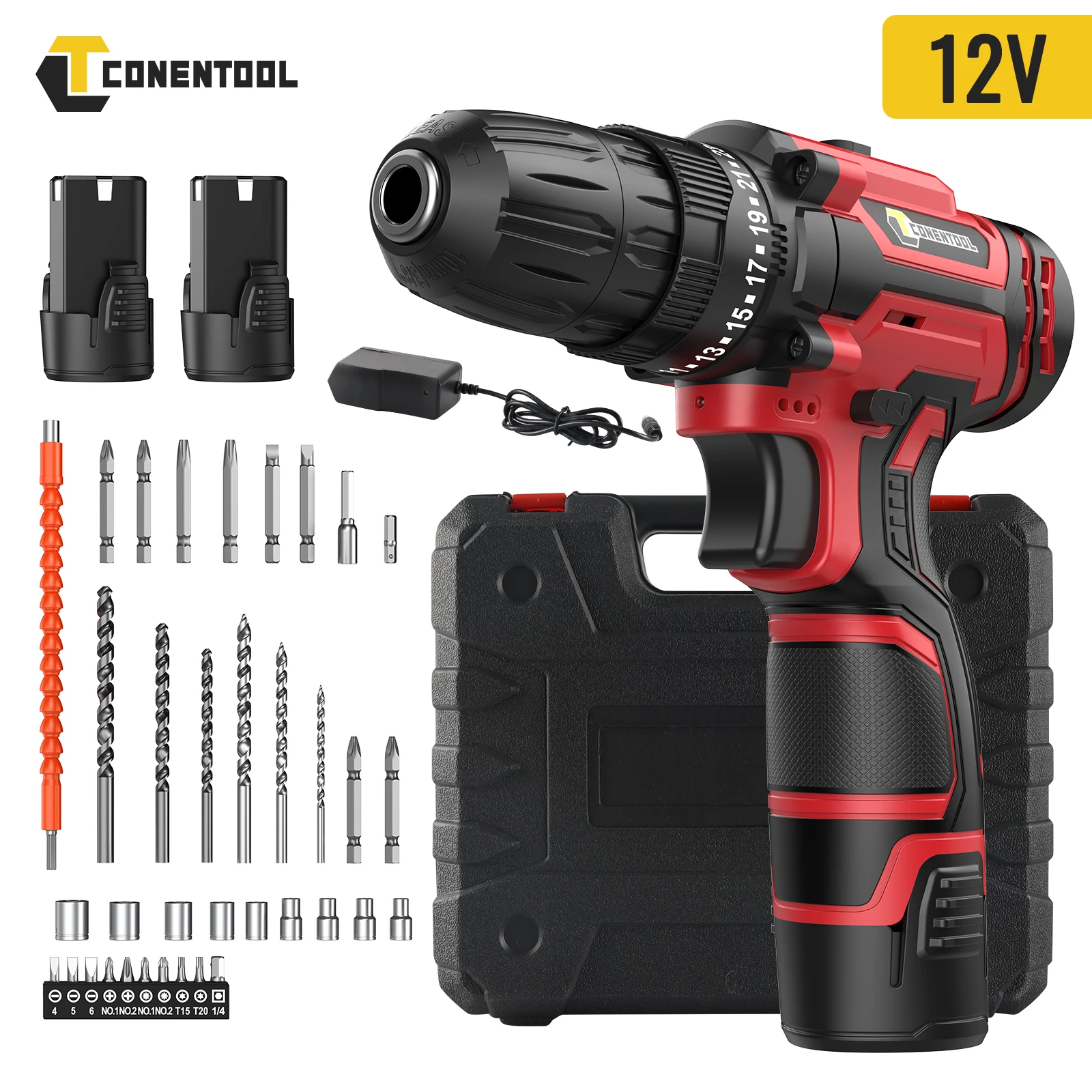 CONENTOOL 12V Cordless Screwdriver Set, Cordless Drill Driver with 2x2000mAh Batteries, 35 Nm max, 2-speed, 36PCS accessories