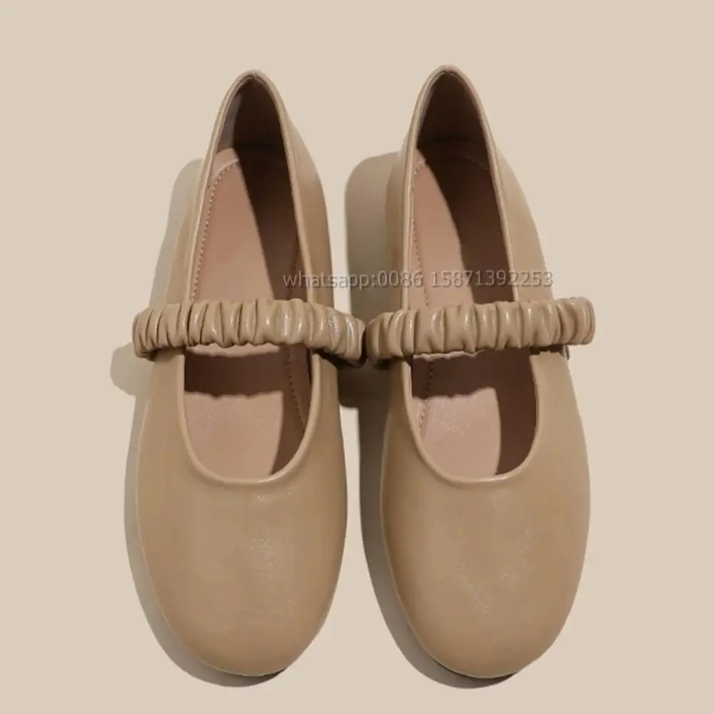 

Pleated Elastic Band Shallow Pumps Slip On Elegant Comfortable Shoes 2024 New Arrival Round Toe Flat with Solid Retro Mary Janes