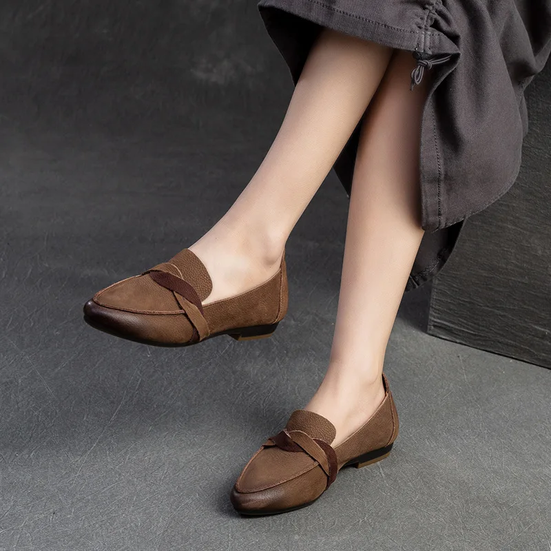 Women Loafers Leather Shoes Low Heels Soft Spring Handmade Genuine Leather Women Shoes Casual 2024 Pointed Toe Gray Comfortable