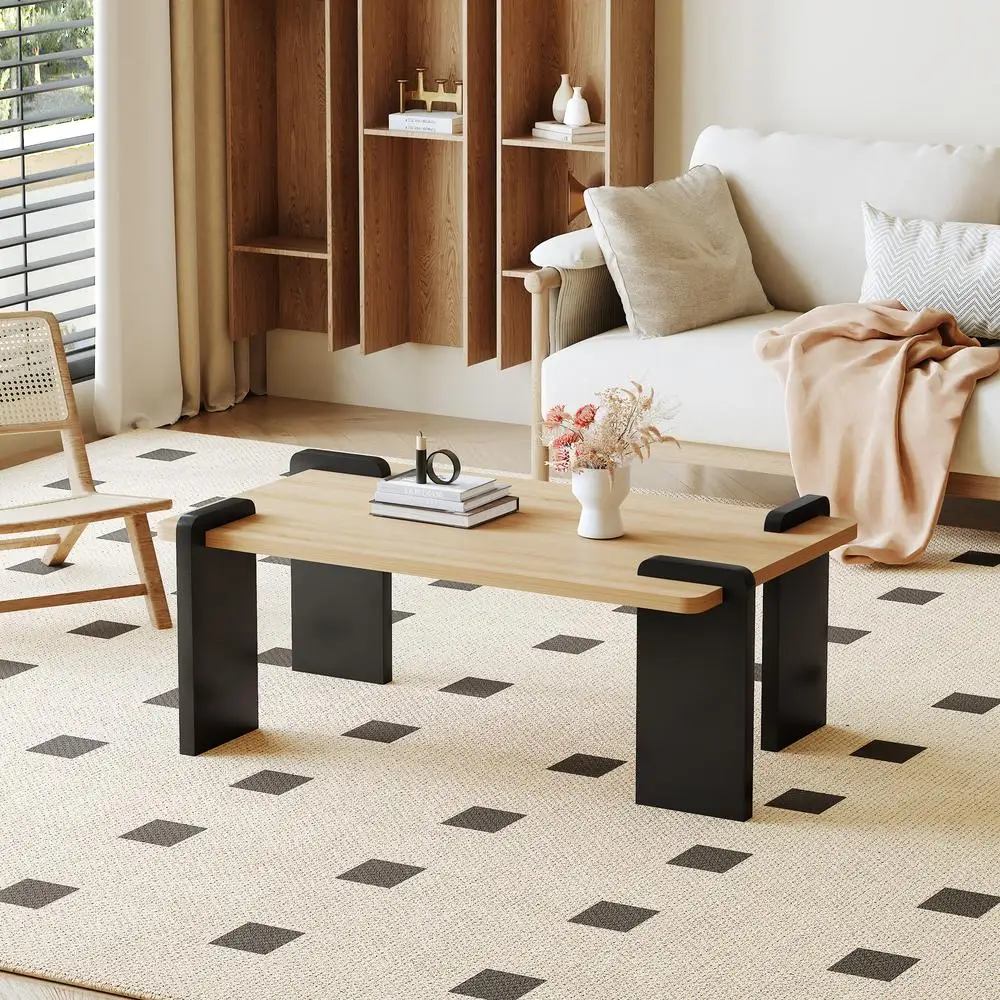

Natural Wood MDF Coffee Table Modern Minimalist Living Room 39.3x23.6x17.7 Inch Sturdy Wood Grain Tabletop Black Legs