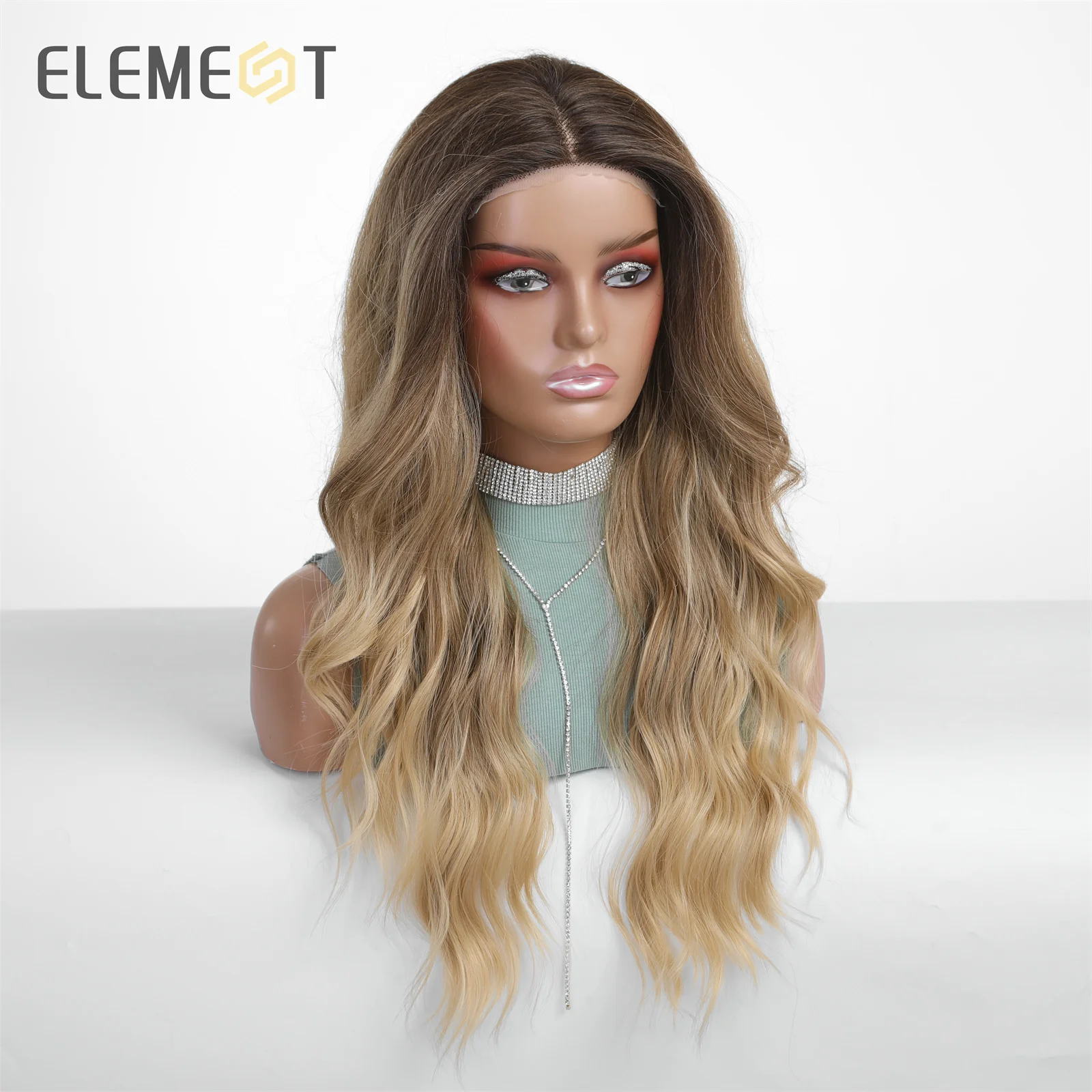 ELEMENT 4*5*0.5 Lace Front Wigs Synthetic Hair Long Water Wavy Ombre Dark Root to Blonde Brown Daily Party Wig for Women