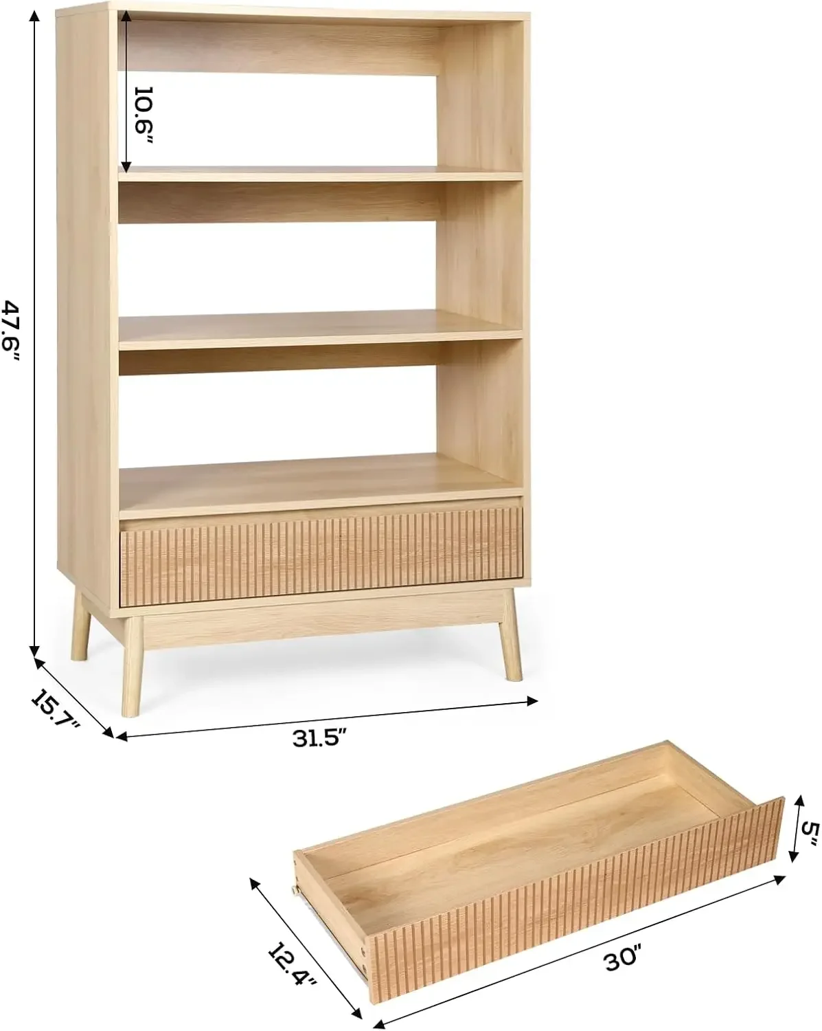 4-Tier Bookshelf, Tall Bookcase with 1 Storage Drawers, Wood Storage Shelf ，Natural Wood Display Standing Shelf Units.