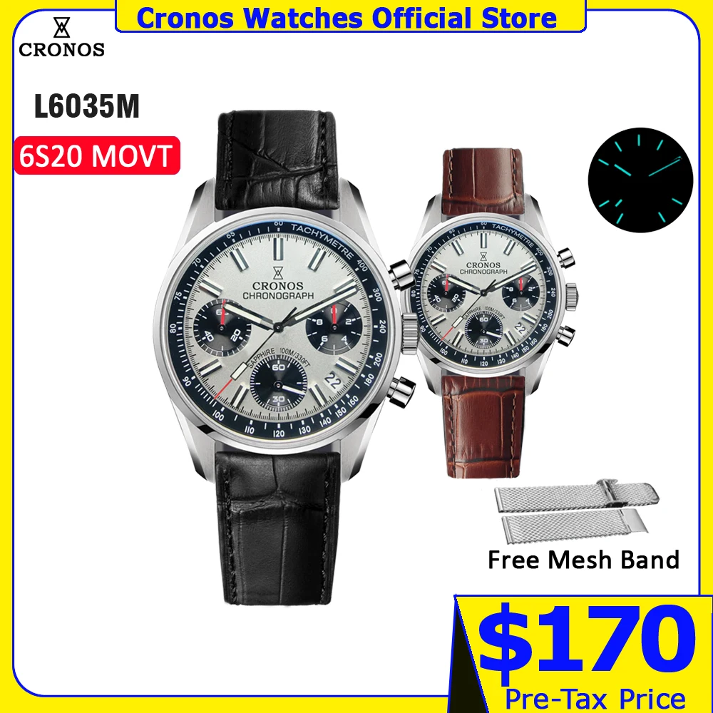Cronos Chronograph Quartz Men Watch Miyota S620 Black&White Panda Dial Sapphire 10 ATM Tachymetre Leather Strap