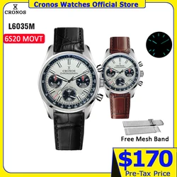 Cronos Chronograph Quartz Men Watch Miyota S620 Black&White Panda Dial Sapphire 10 ATM Tachymetre Leather Strap