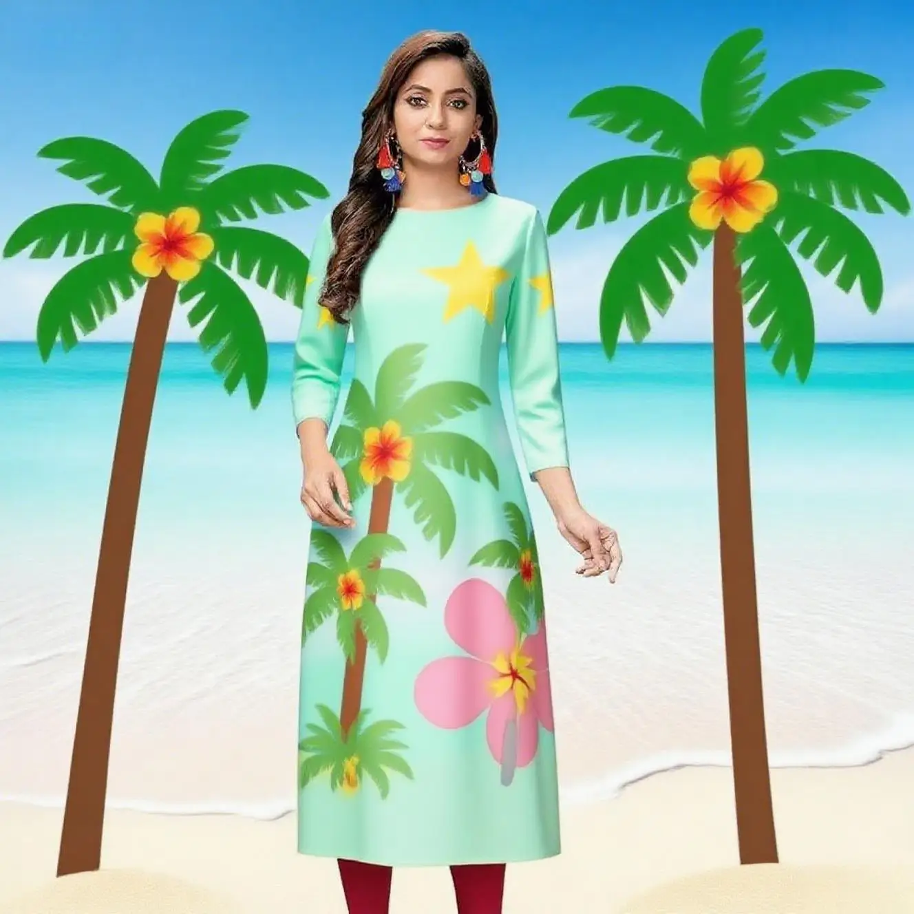 Kurt women's fashionable and comfortable dress with long sleeves, straight tube,  and a variety of vacation styles