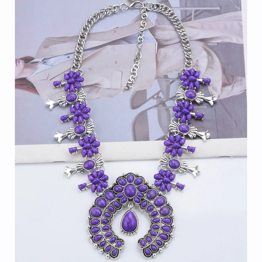 Indian Ethnic Vintage Turquoise Resin Necklace Women Boho Tribal Statement Squash Flowers Pendants Necklaces Ladies Jewellery