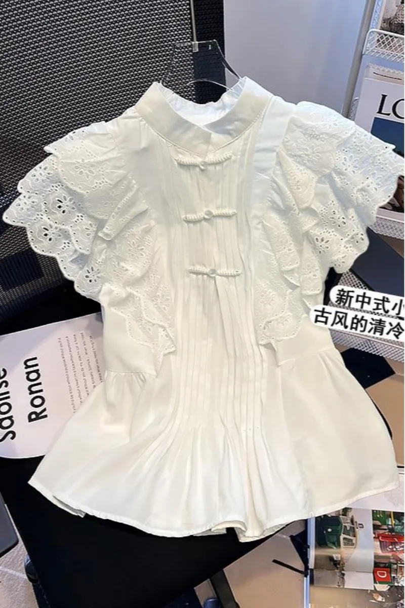 Summer Lady Temperament Fashion White Shirt Lace Stitching Flying Sleeve Blouse Women's Buckle Stand Collar Sleeveless Top