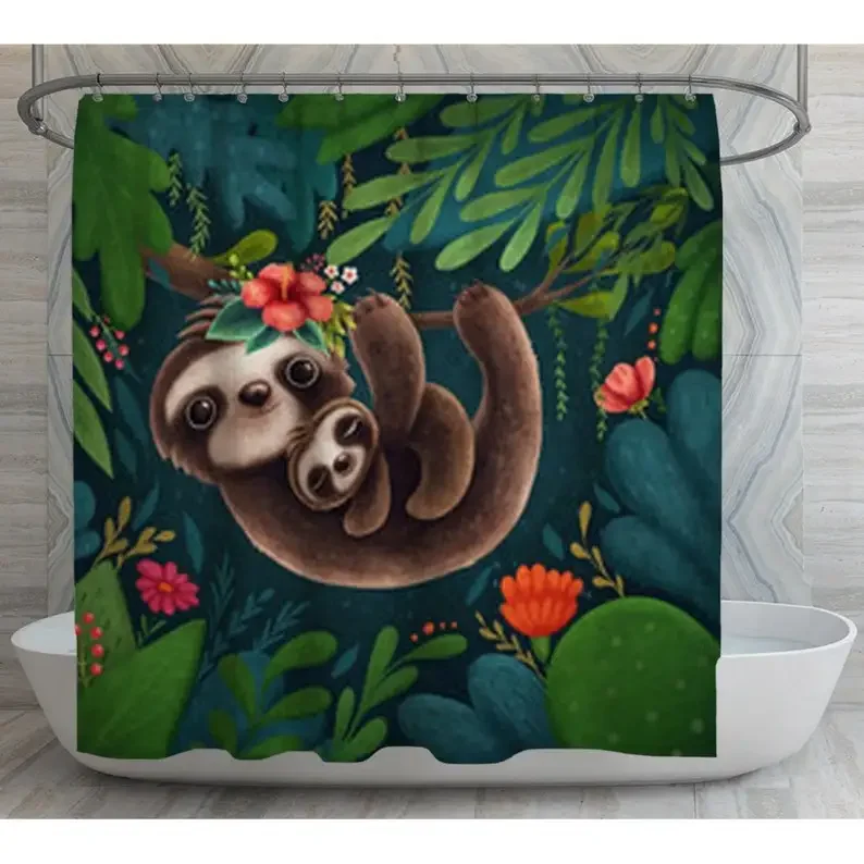 Tropical Cute Mom And Baby Sloths Teal And Green Shower Curtains For Bathroom Decor