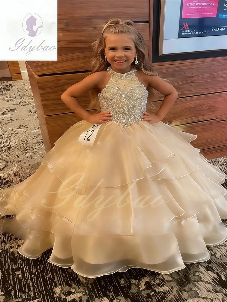Luxury Champagne Flower Girl Dress For Wedding Beading High Collar Layered Puffy Kids Evening Party Birthday Gown Customized