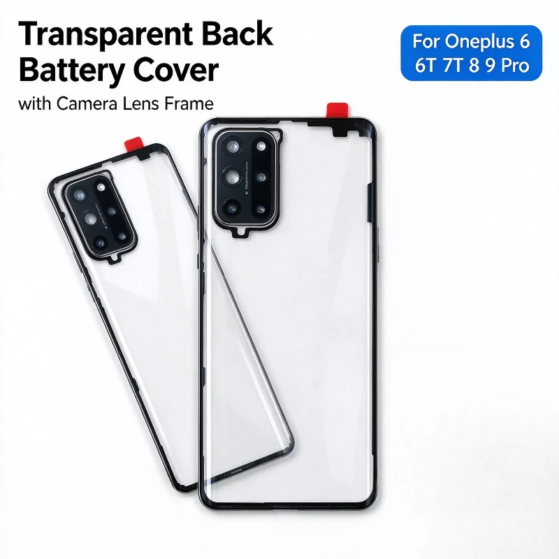 Battery Back Cover For Oneplus 7T 9 Pro 8 7 Pro 6T 6 One Plus Transparent Door Repair Rear Clear Glass Case + Camera Frame Lens