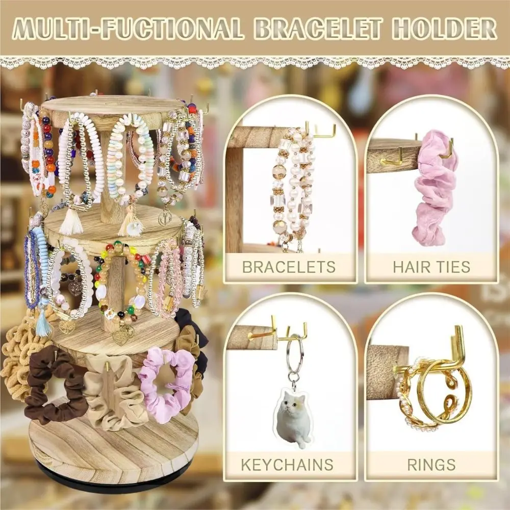 43*17.5cm Jewelry Display Stand 360° Rotatable Base Rustic Vintage Finish Desktop Storage Rack Multi-layer Metal Hooks