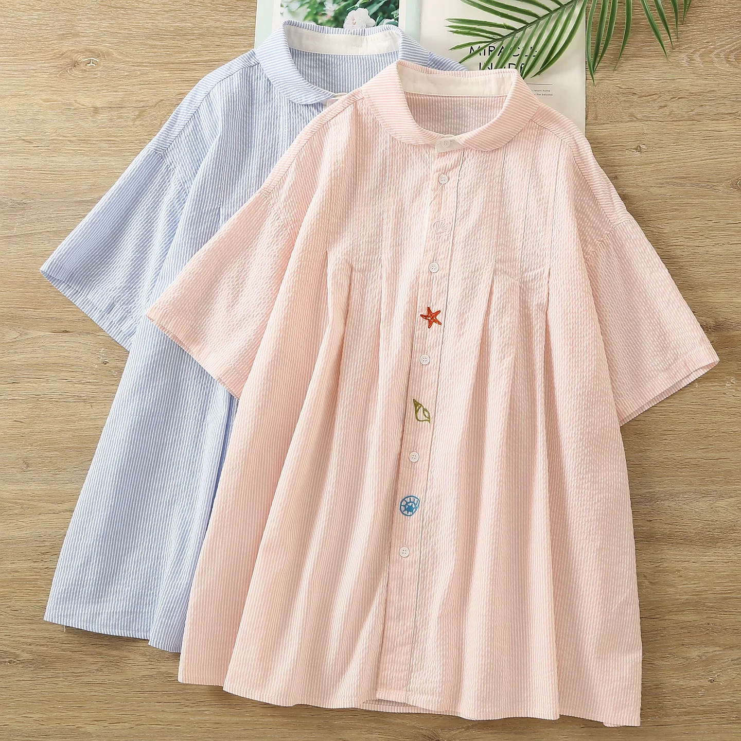 

2025 Youth women's blouses Korean fashion pink blue striped stars embroidery shirts and blouses tall girls short sleeve tops