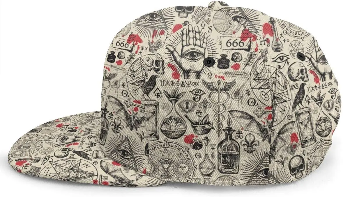 Abstract Pattern On Occult Theme Flat Bill Brim Cap, Cool Hip Hop Trucker Hat Men Women Adjustable Baseball Caps