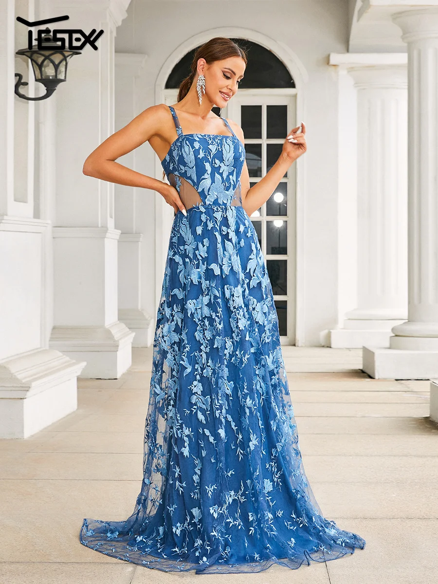 Yesexy-Robe trapèze florale découpée spaghetti bleue pour femme, robe de longueur au sol, belle robe élégante, mariage et anniversaire, Rhet fête, nouveau