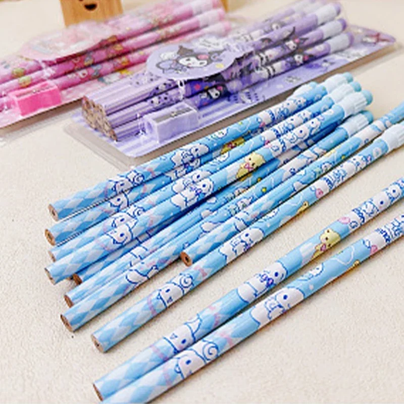 12pcs Sanrio Kawaii My Melody Pencil Cinnamoroll Kuromi Anime Cartoon Students School Stationery HB Writing Pencil with Eraser