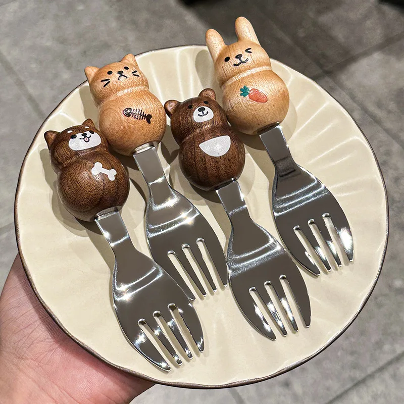 

Walnut Spoon and Fork Stainless Steel Creative Cute Bear Rabbit Cat Fruit Fork Dessert Spoon Household