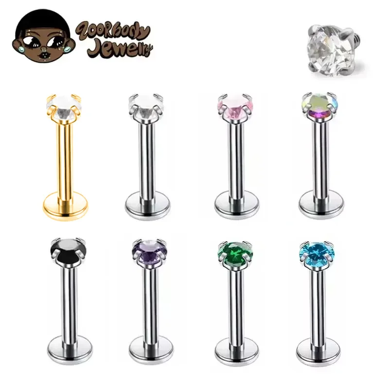 1 stks G23 Titanium Piercing CZ Gem Intern Schroefdraad Labret Monroe Lip Ring Tragus Nail Helix Oorbel Stud 16G 18G Lichaam Sieraden