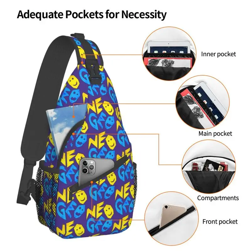 Saco de estilinque com logotipo Neo Geo para viagem, mochila de peito transversal, mochila de ombro, moda masculina