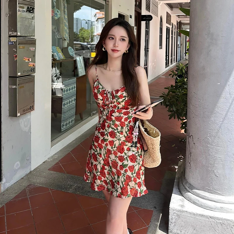 1pc Lace-up Retro Rose Flower Print Spaghetti Strap donna Summer Holiday Mini Dress