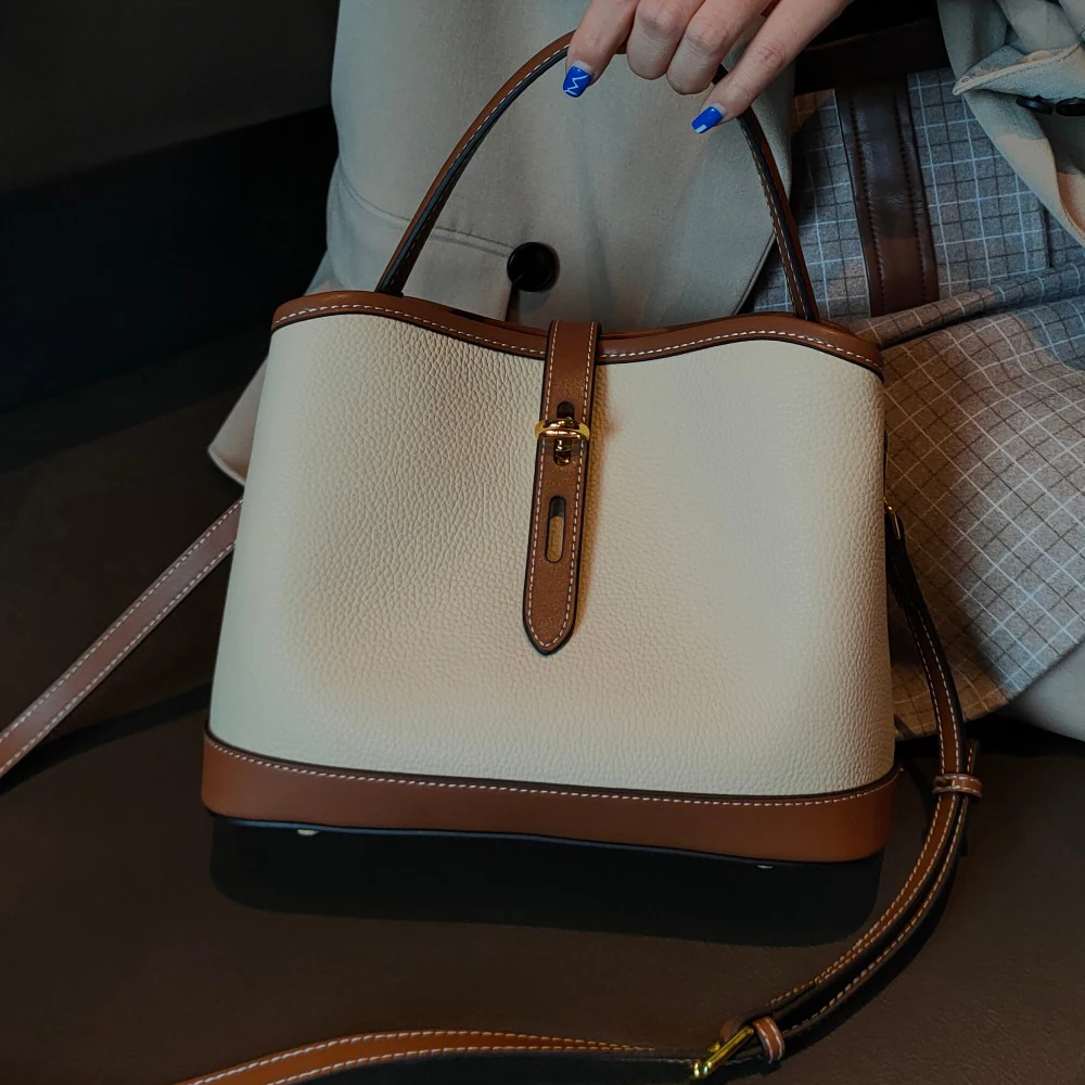 Women's Bucket Bag 2025 New Style Color-Block Handheld Shoulder Crossbody Bag Large Capacity Soft Leather Business Commuter Bag