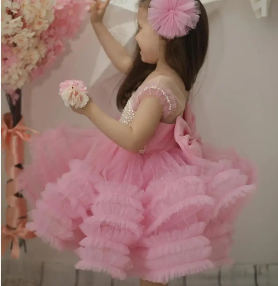 Vestido de cumpleaños Rosa hecho a mano con perlas de lazo para niña, Vestido de fiesta de Navidad, Vestido de ceremonia especial, tutú para niñas