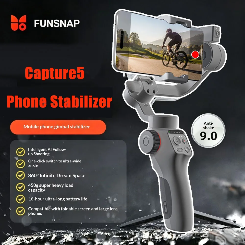 FUNSNAP Capture5 Phone Stabilizer 3 Axis Gimbal Magnetic AI Tracker Mount Remote 500g Payload for Video Recording Kit