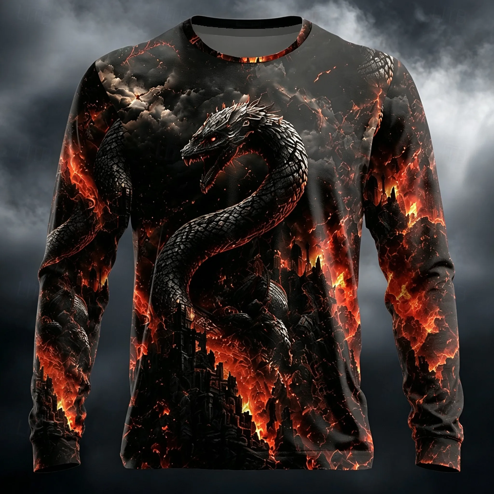 Men's Long Sleeve T-Shirt Volcano Lava Dragon 3D Print Crew Neck Fiery Dark Style Casual Tops