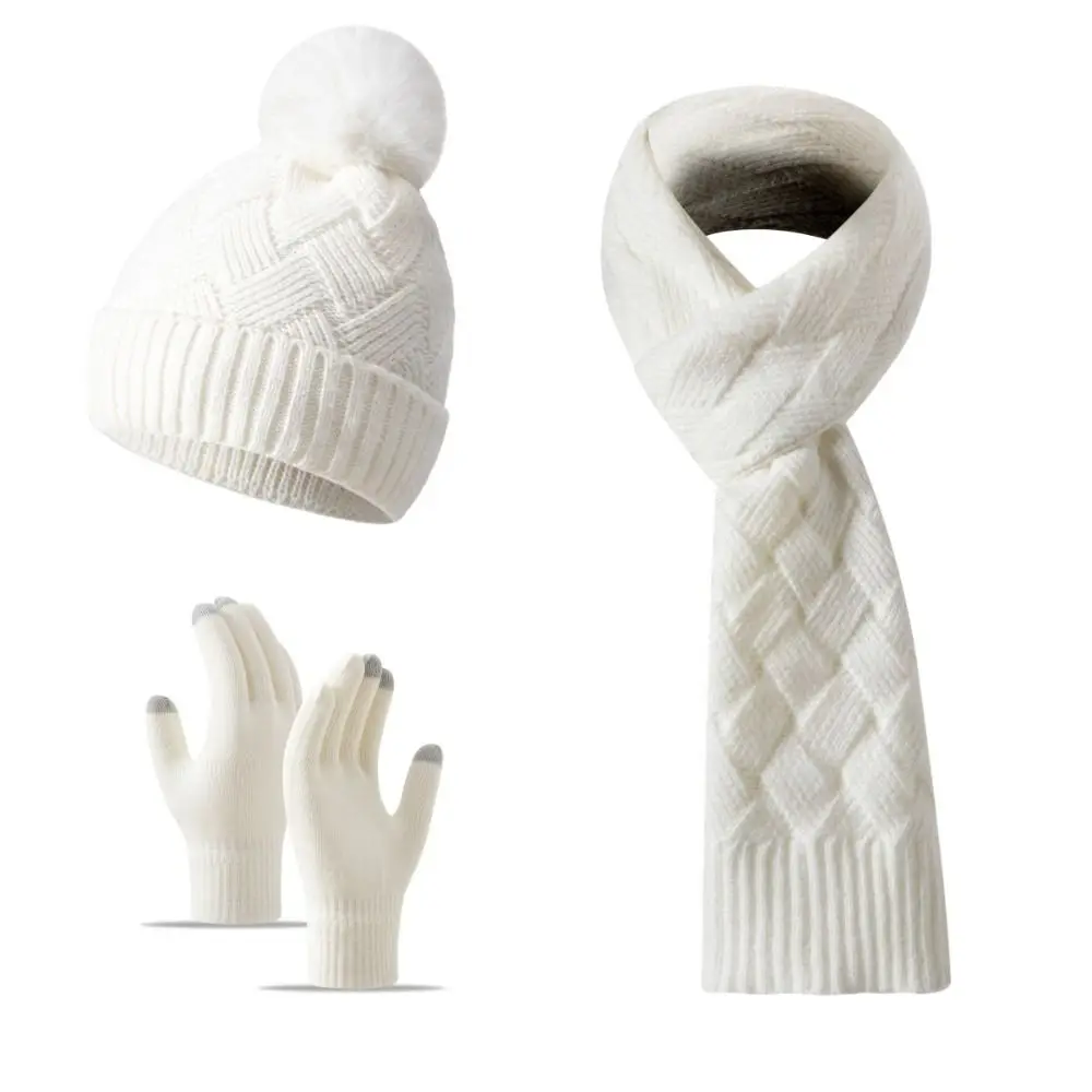 3Pcs/Set Warm Winter Hat Scarf Gloves Set Knitted Thicken Scarf Neck Warmer Suit Windproof Touchscreen Touchscreen Gloves Unisex