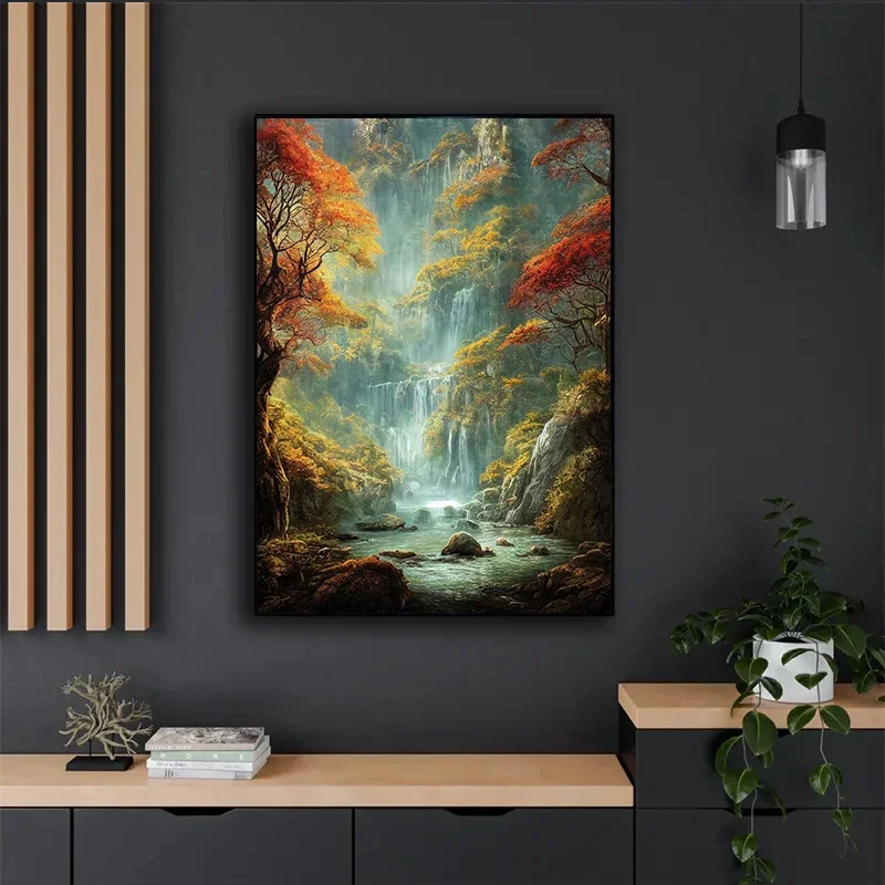 Natural Landscape Spectacular Waterfall Canvas Painting Green Tree Forest Posters Wall Art Prints Home Decor Frameless Painti