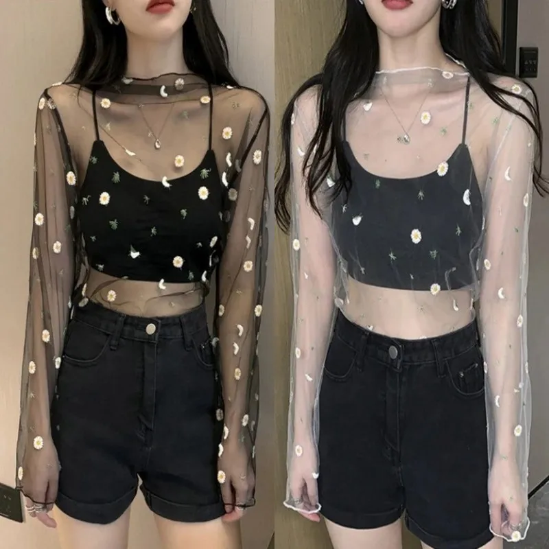 Women Sexy Mesh See Through T Shirt Perspective Flower Pattern Crop Top Long Sleeve Beach Cover Transparent T Shirt Tops Women