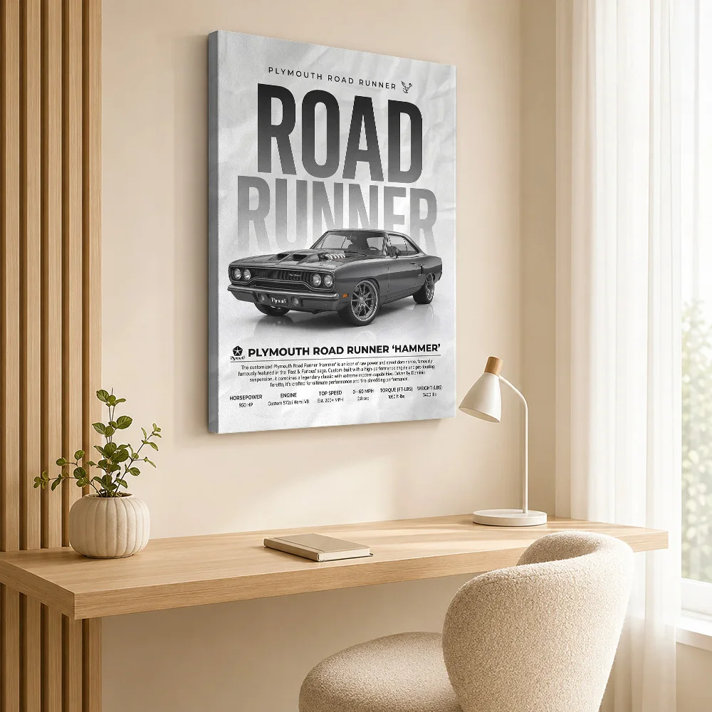 Sleek black Plymouth Road Runner 'Hammer' car Framed Canvas Poster Customized Photo Retro Automotive Wall Art for Garage Decor