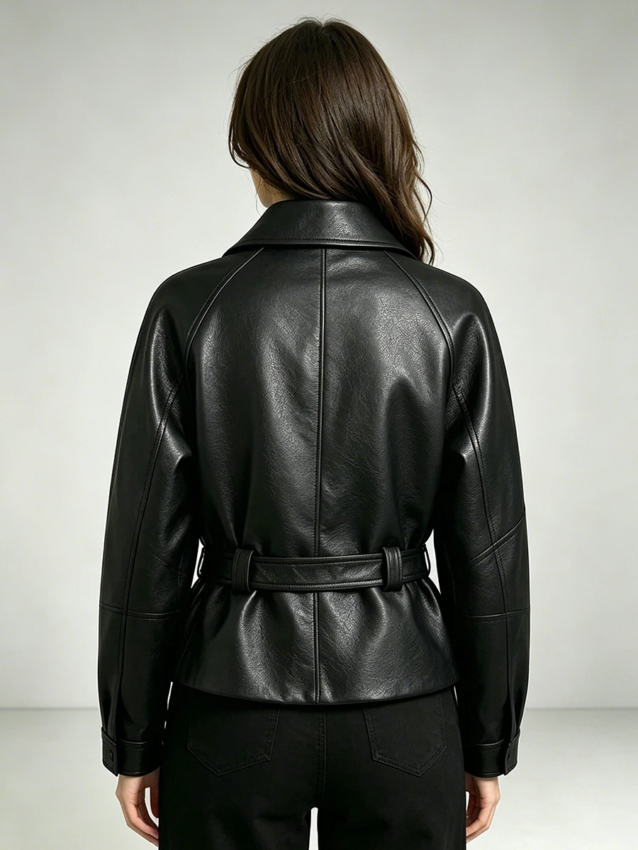 PUAL Faux Leather Lapel Collar Zip Pocket Waist Tie Slim Cropped Women Spring Autumn Street Outerwear Coat