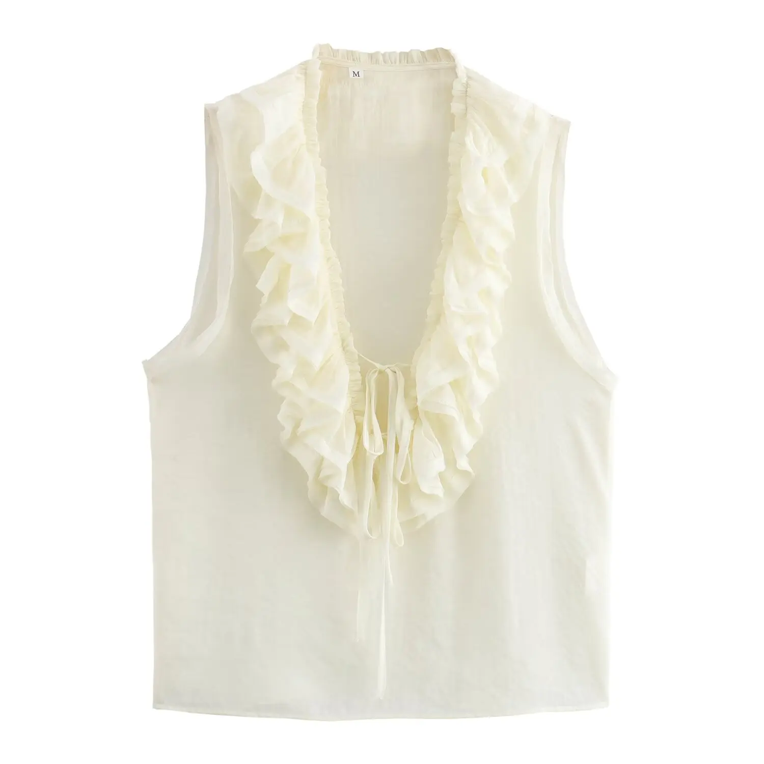 2024 ZAR4 Summer New Women\'s Fashion and Versatile Solid Color Sleeveless Ruffled V-neck Shirt