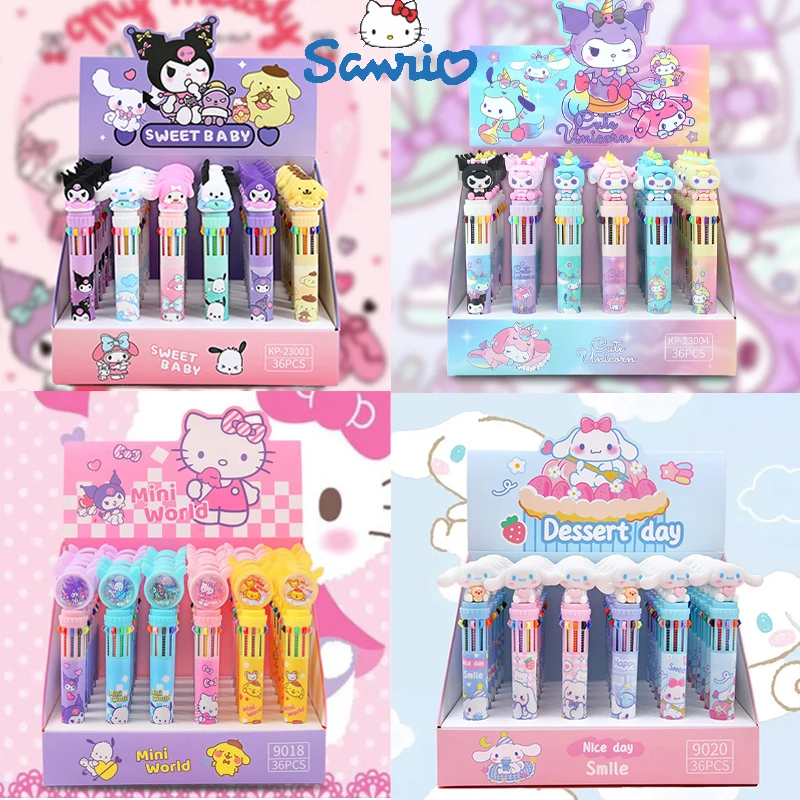 

36pcs Sanrio Cartoon Multi Color Pen Cute Silicone Doll Ten Color Ballpoint Pen Student Writing Stationery School Supplies Gifts