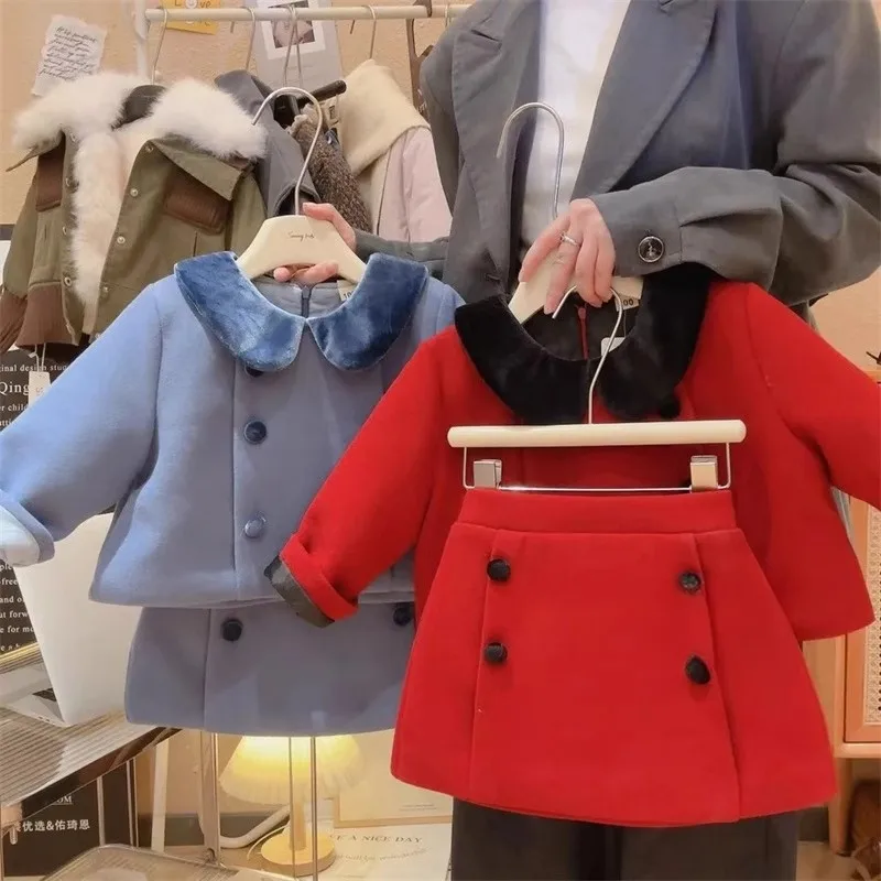 

TOY-Girls' Sweet Winter Outfit New Fashion Doll Collar Double-Breasted Top and Skirt Two-Piece Set