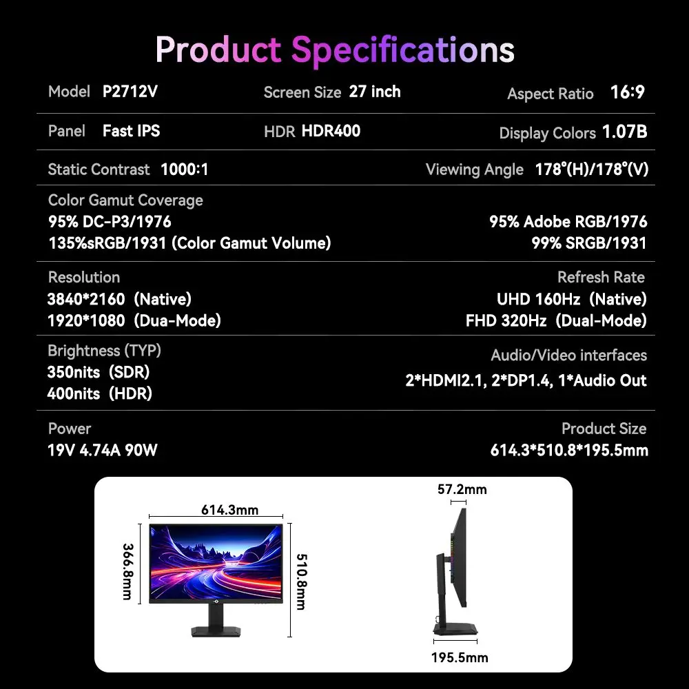 Monitor para juegos TITAN ARMY P2712V 27″ IPS rápido 3840 × 2160 @ 160 Hz y 1920 × 1080 @ 320 Hz, HDR400, 12 modos de escenario 1Ms Tiempo de respuesta GTG 9