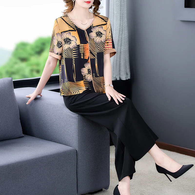 

2023 Summer Silk Short Sleeves Middle and Old Age T-shirt and Pants Set Mom's Loose Large Print Top Slim Wide Leg Pants