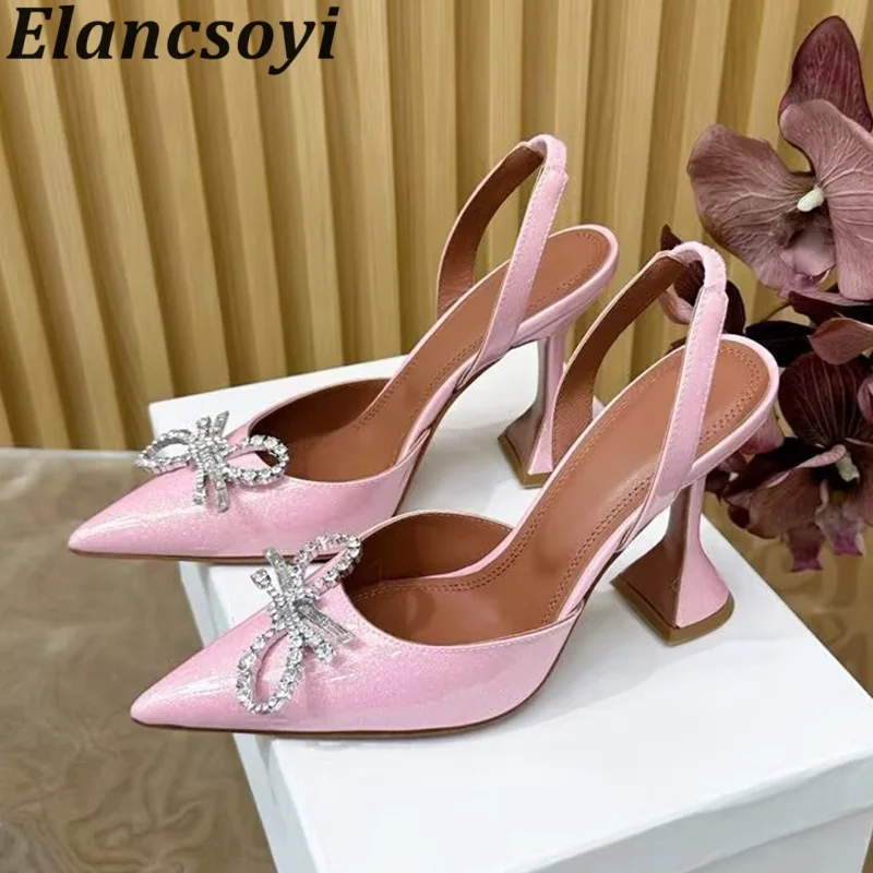 Sandals Pointed Toe High Heels Women Bow Crystal Cup Heels Dress Shoes Patent Leather Back Strap Sandalias Summer Party Shoes