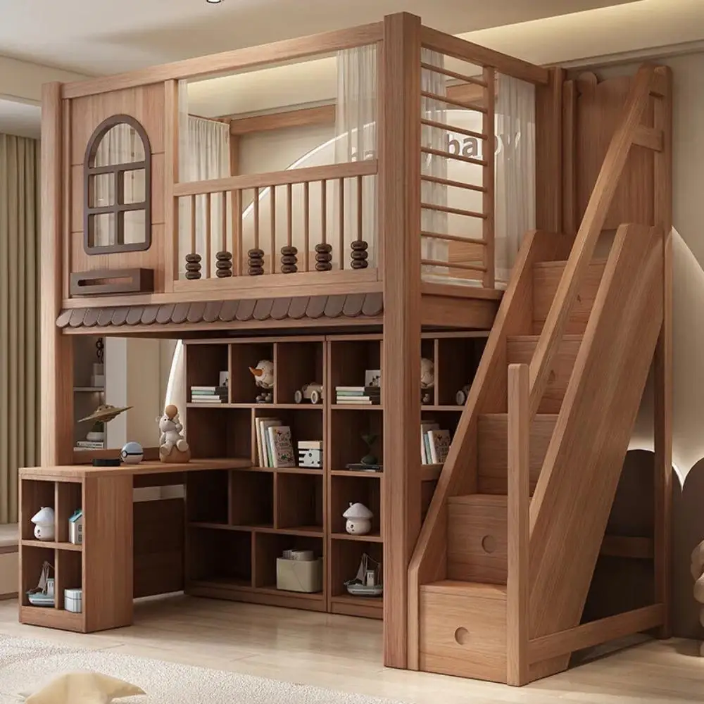 Solid Wood Bunk Bed Twin Over Twin Design Cream Style Princess Frame with Safety Guardrail Teen Guest Room Modern Decor Setup