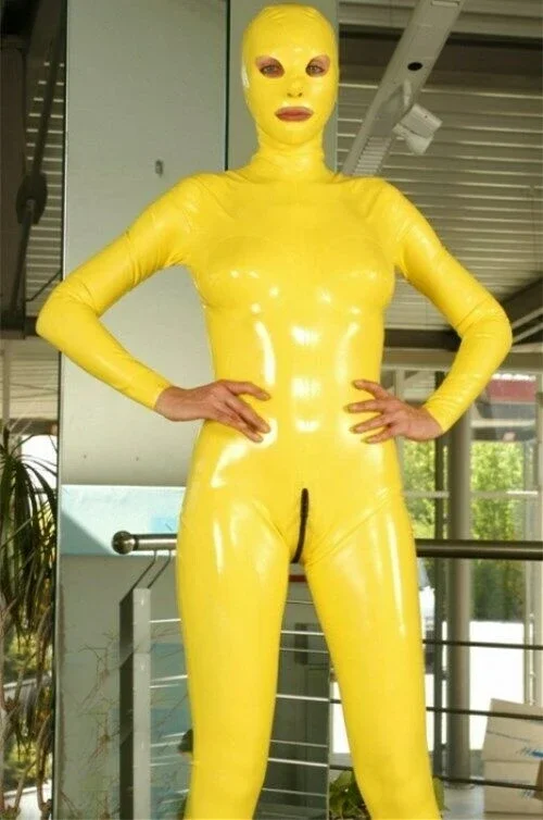 costume party Latex Overall 100% Rubber Gummi Hooded Ganzanzug Yellow Catsuit Sexy XS-XXL cosplay