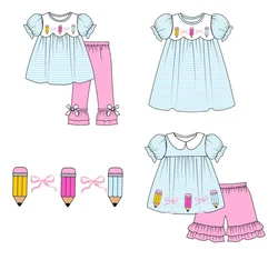 Back to school series baby girl clothes Toddler kids outfits pencil print short sleeve set girls knee length dress baby sets