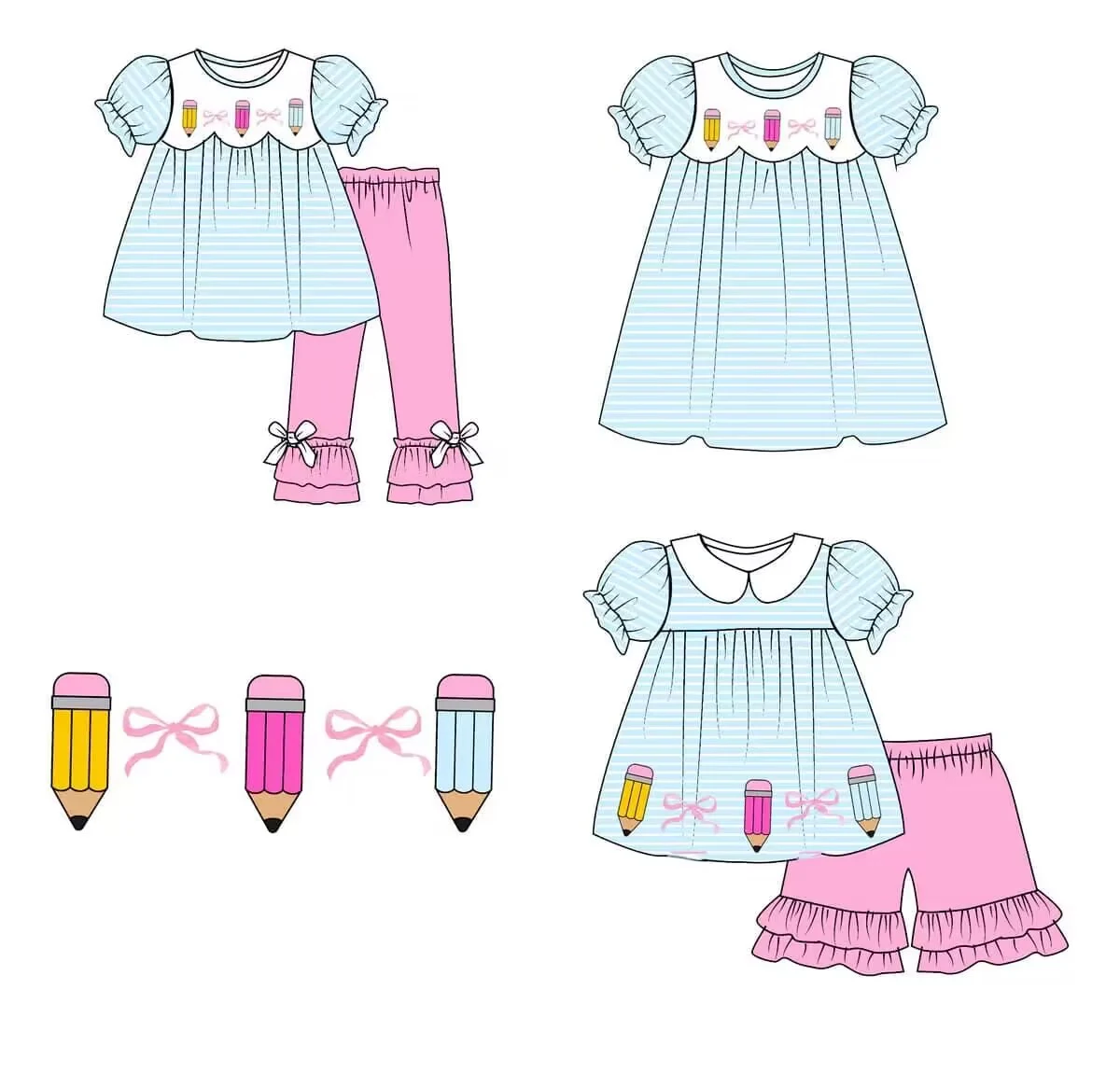 Back to school series baby girl clothes Toddler kids outfits pencil print short sleeve set girls knee length dress baby sets