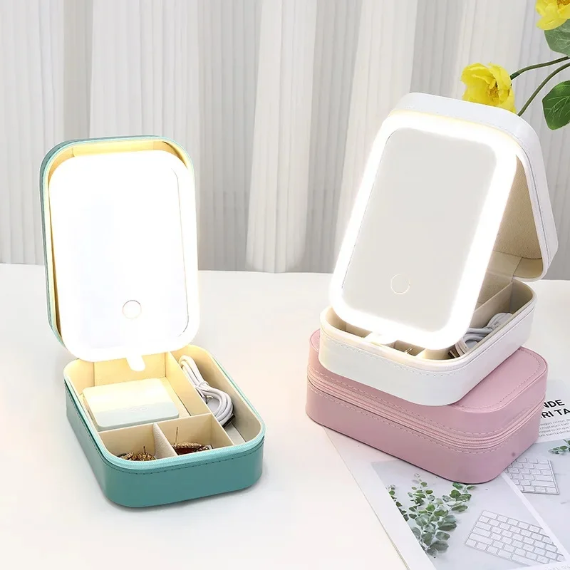 Caja de almacenaje para maquillaje con espejo LED, estuche de maquillaje de viaje portátil, bolsa de cosméticos, caja de almacenamiento de maquillaje de gran capacidad, accesorios de maquillaje